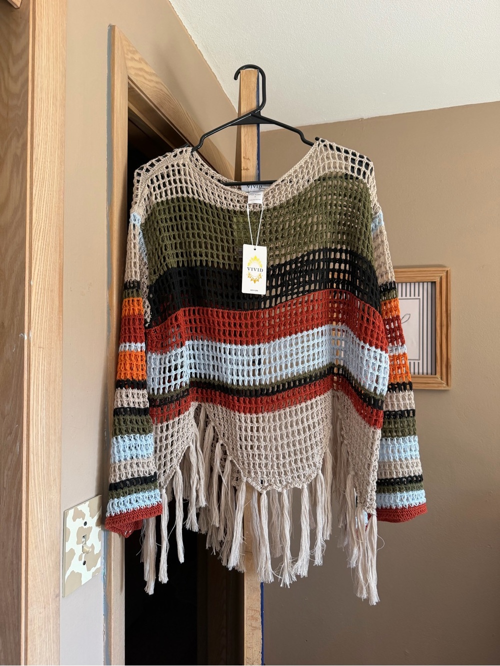 ViVI Open-Knit Fringe Sweater in Beige with Multicolor Stripes
